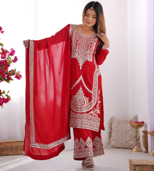 Red Pure Vichitra Silk With Embroidery Dori work 3pc Kurta Set