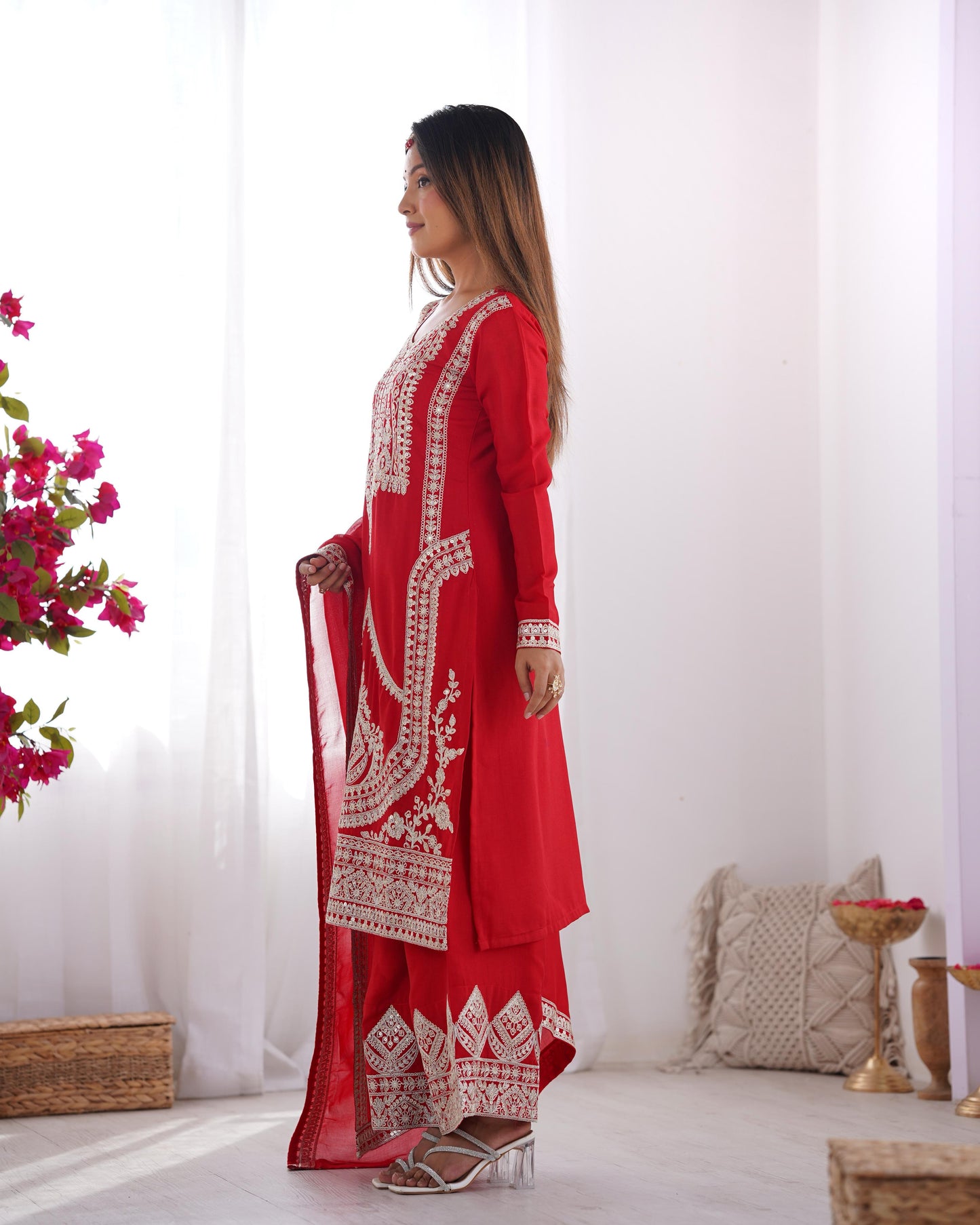 Red Pure Vichitra Silk With Embroidery Dori work 3pc Kurta Set