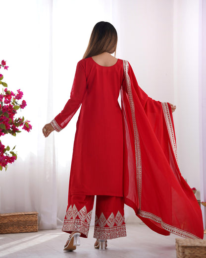 Red Pure Vichitra Silk With Embroidery Dori work 3pc Kurta Set