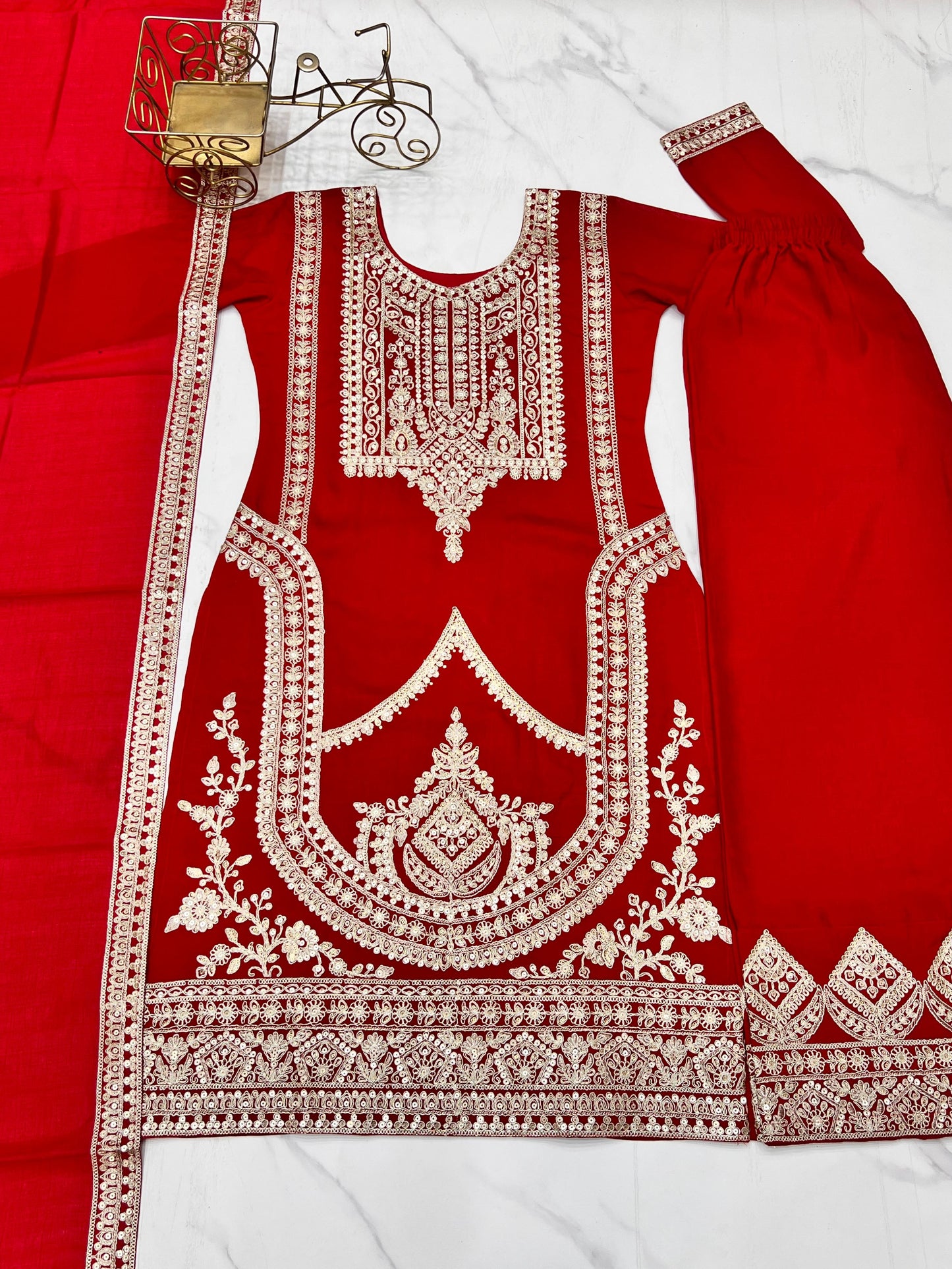 Red Pure Vichitra Silk With Embroidery Dori work 3pc Kurta Set
