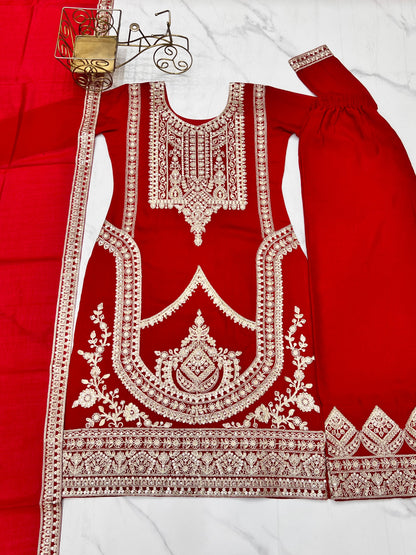 Red Pure Vichitra Silk With Embroidery Dori work 3pc Kurta Set