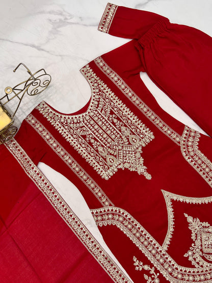 Red Pure Vichitra Silk With Embroidery Dori work 3pc Kurta Set