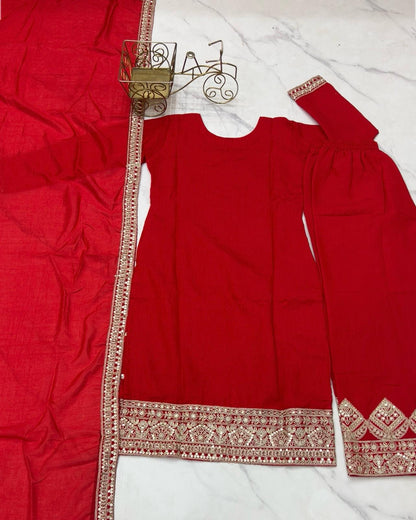 Red Pure Vichitra Silk With Embroidery Dori work 3pc Kurta Set
