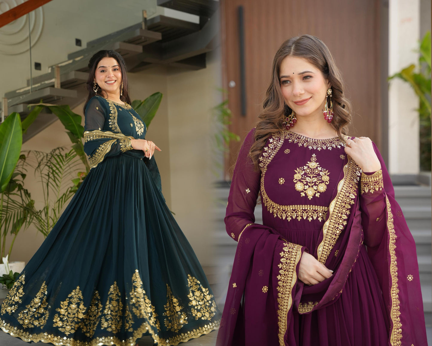 Wine Georgette With Zari Thread & Sequins Embroidery Gown With Dupatta