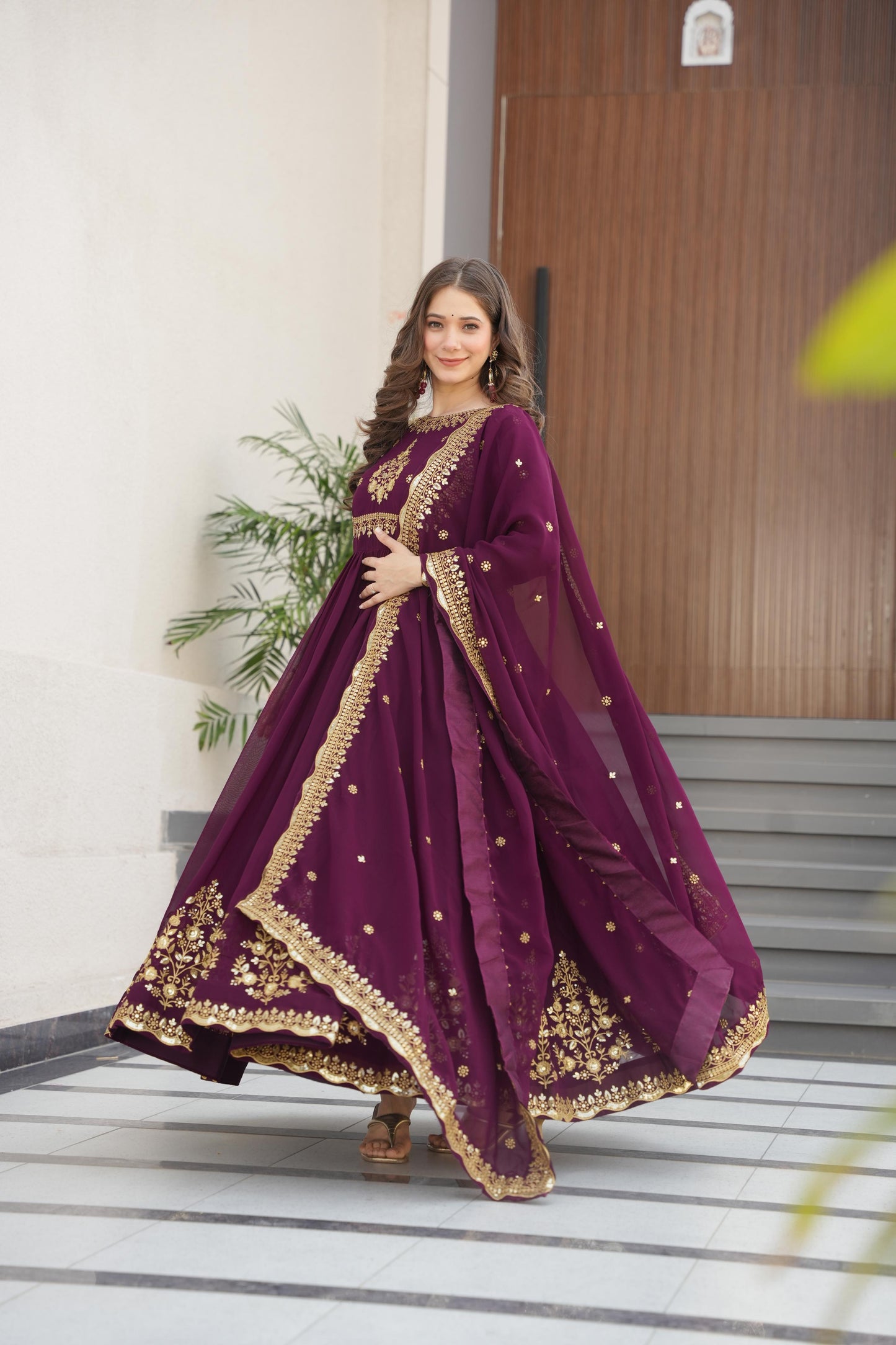 Wine Georgette With Zari Thread & Sequins Embroidery Gown With Dupatta