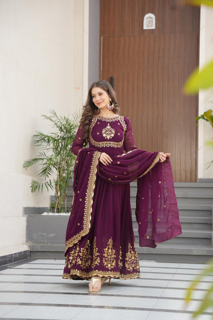 Wine Georgette With Zari Thread & Sequins Embroidery Gown With Dupatta