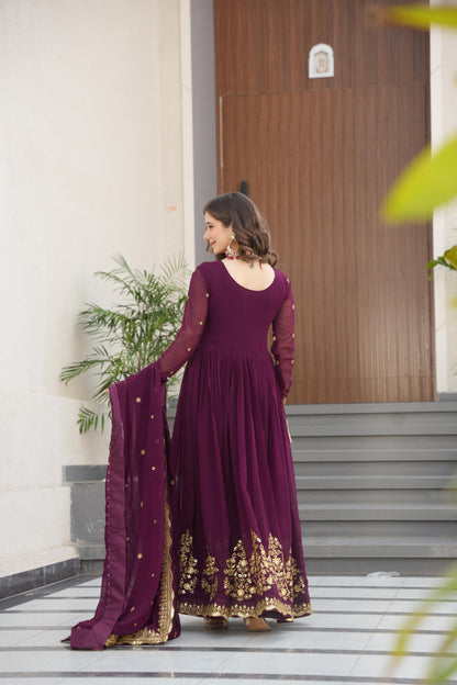 Wine Georgette With Zari Thread & Sequins Embroidery Gown With Dupatta
