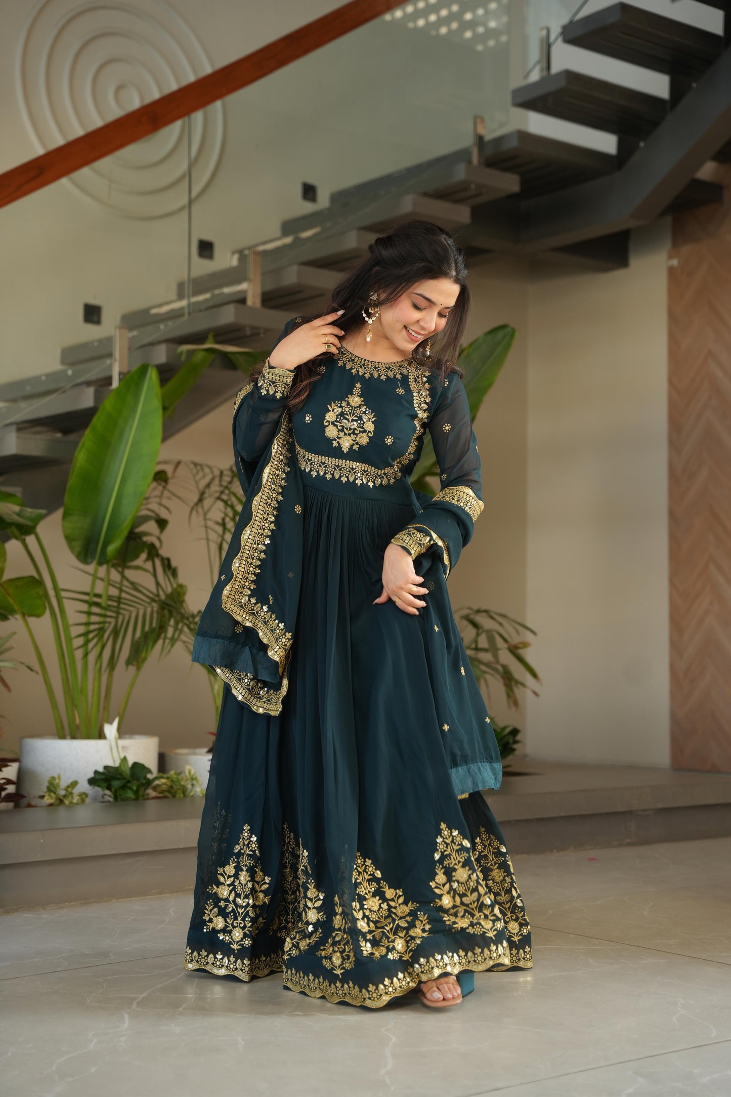 Wine Georgette With Zari Thread & Sequins Embroidery Gown With Dupatta