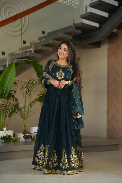 Wine Georgette With Zari Thread & Sequins Embroidery Gown With Dupatta