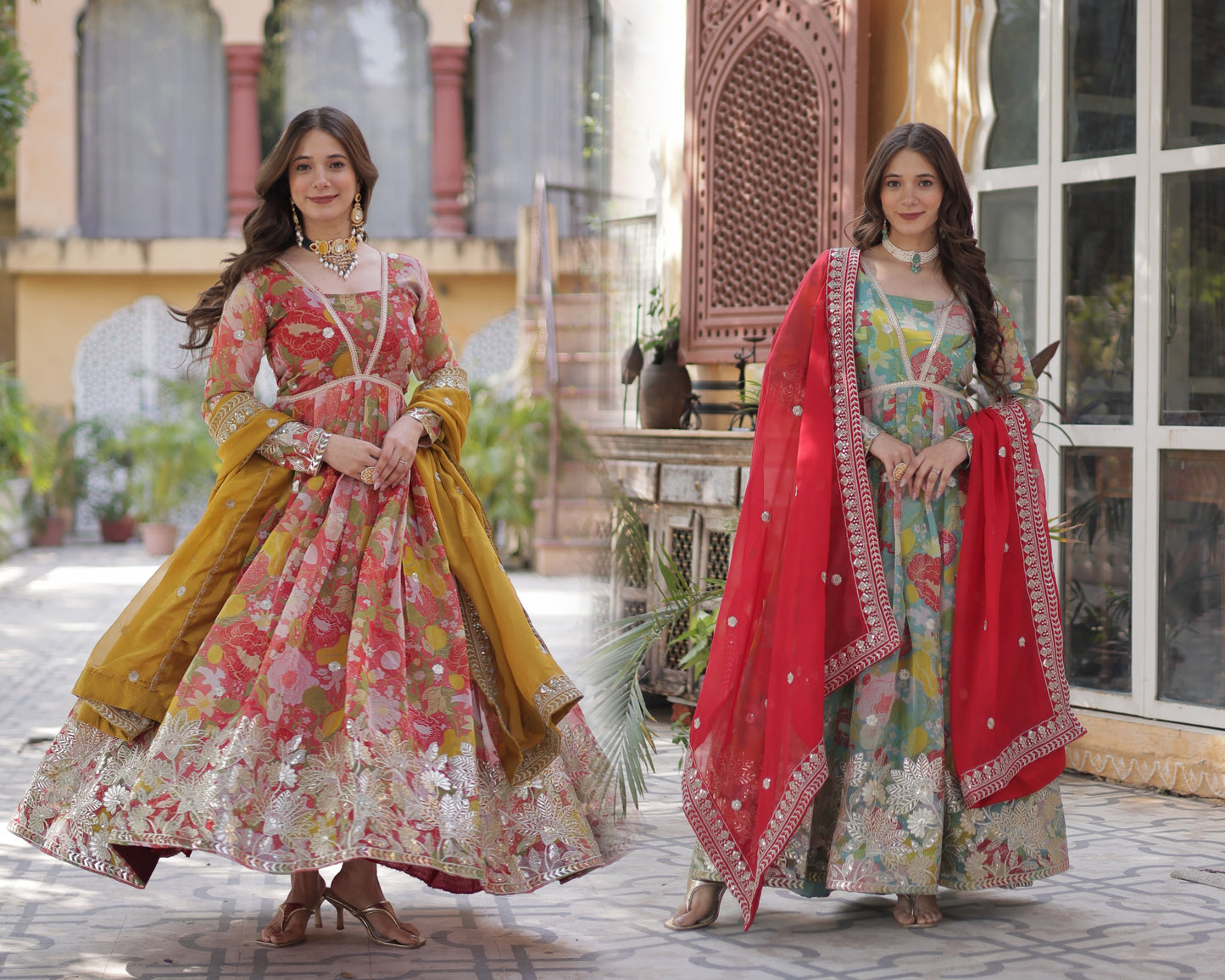 Digital Printed Russian Silk Sequins Work Gown With Dupatta