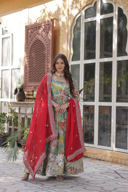 Digital Printed Russian Silk Sequins Work Gown With Dupatta