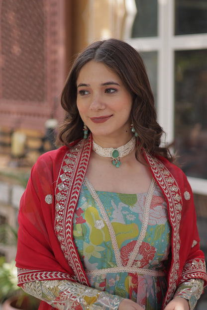 Digital Printed Russian Silk Sequins Work Gown With Dupatta