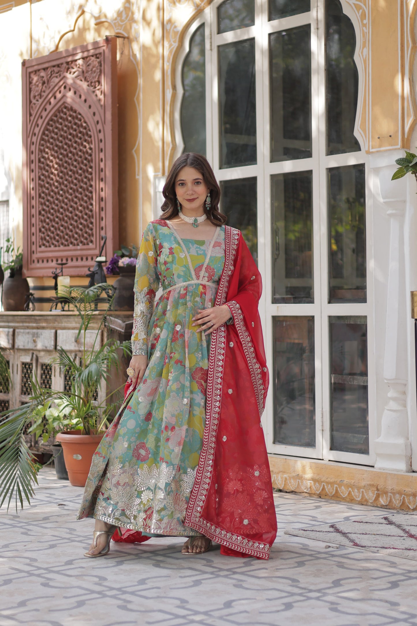 Digital Printed Russian Silk Sequins Work Gown With Dupatta