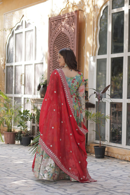 Digital Printed Russian Silk Sequins Work Gown With Dupatta