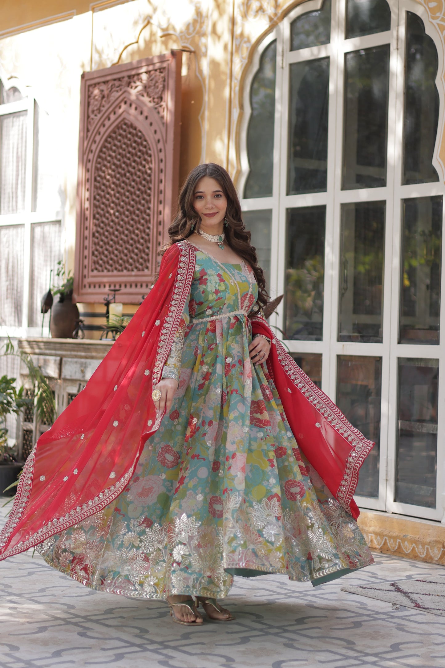 Digital Printed Russian Silk Sequins Work Gown With Dupatta