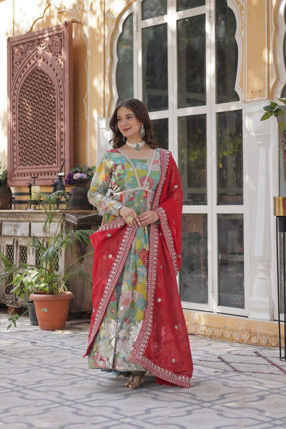 Digital Printed Russian Silk Sequins Work Gown With Dupatta