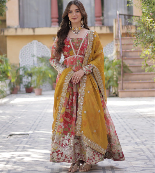 Digital Printed Russian Silk Sequins Work Gown With Dupatta
