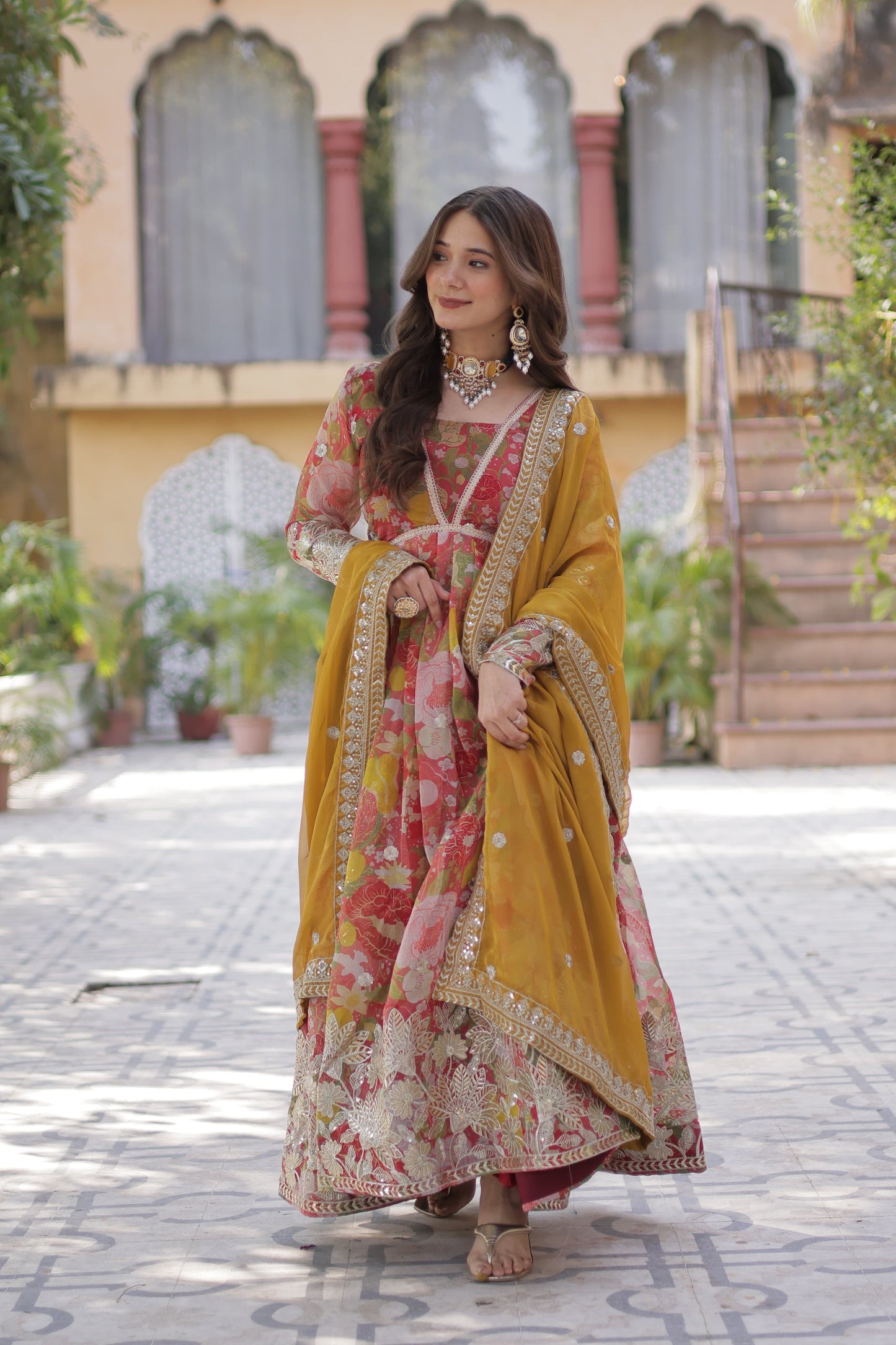 Digital Printed Russian Silk Sequins Work Gown With Dupatta