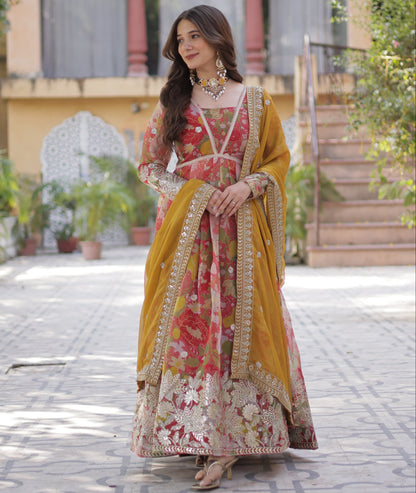 Digital Printed Russian Silk Sequins Work Gown With Dupatta