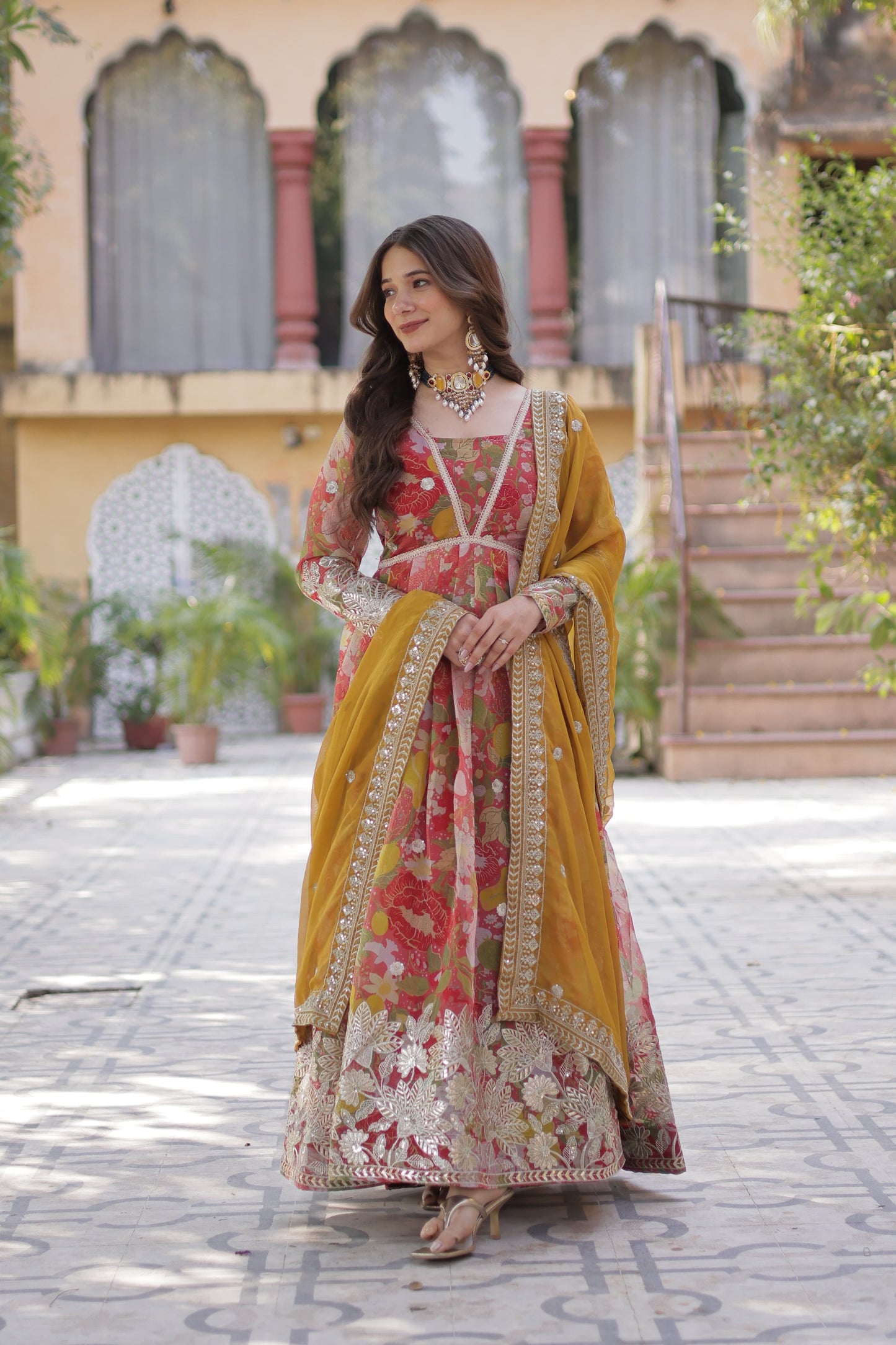 Digital Printed Russian Silk Sequins Work Gown With Dupatta