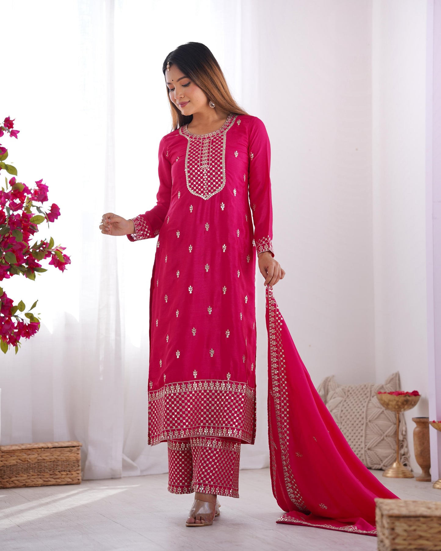 Pink Pure Chinon Silk Embroidery with Sequins 3pc Kurta Set