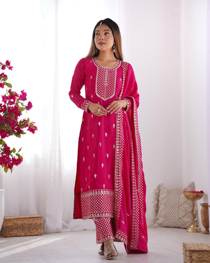 Pink Pure Chinon Silk Embroidery with Sequins 3pc Kurta Set