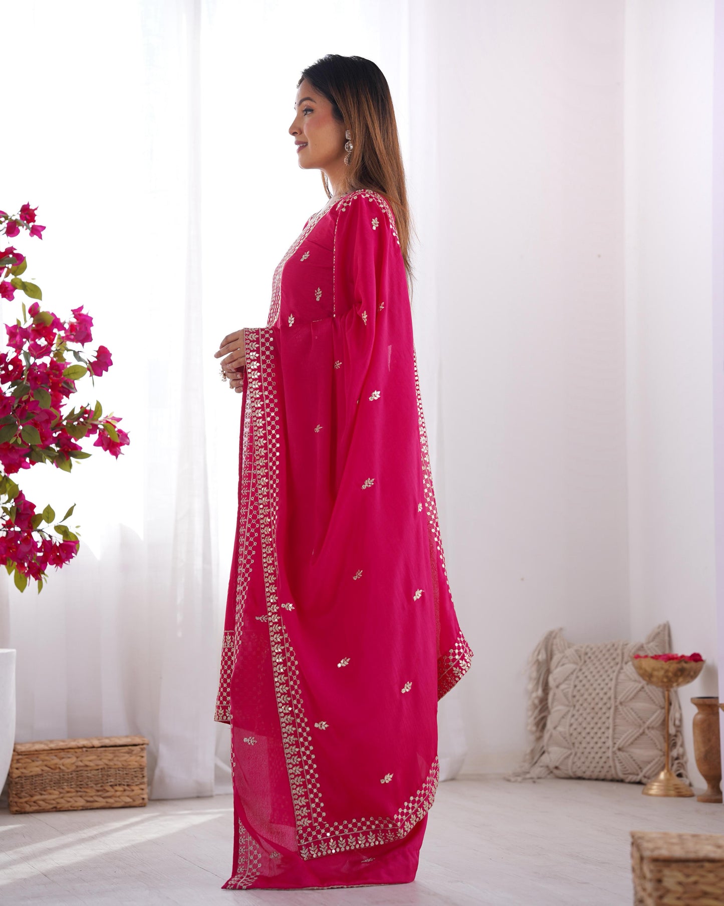 Pink Pure Chinon Silk Embroidery with Sequins 3pc Kurta Set