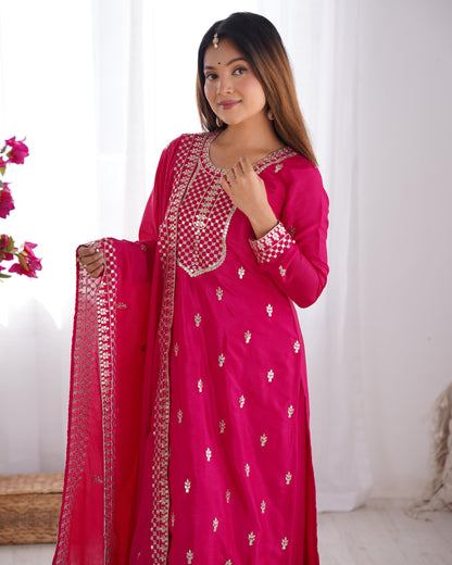 Pink Pure Chinon Silk Embroidery with Sequins 3pc Kurta Set