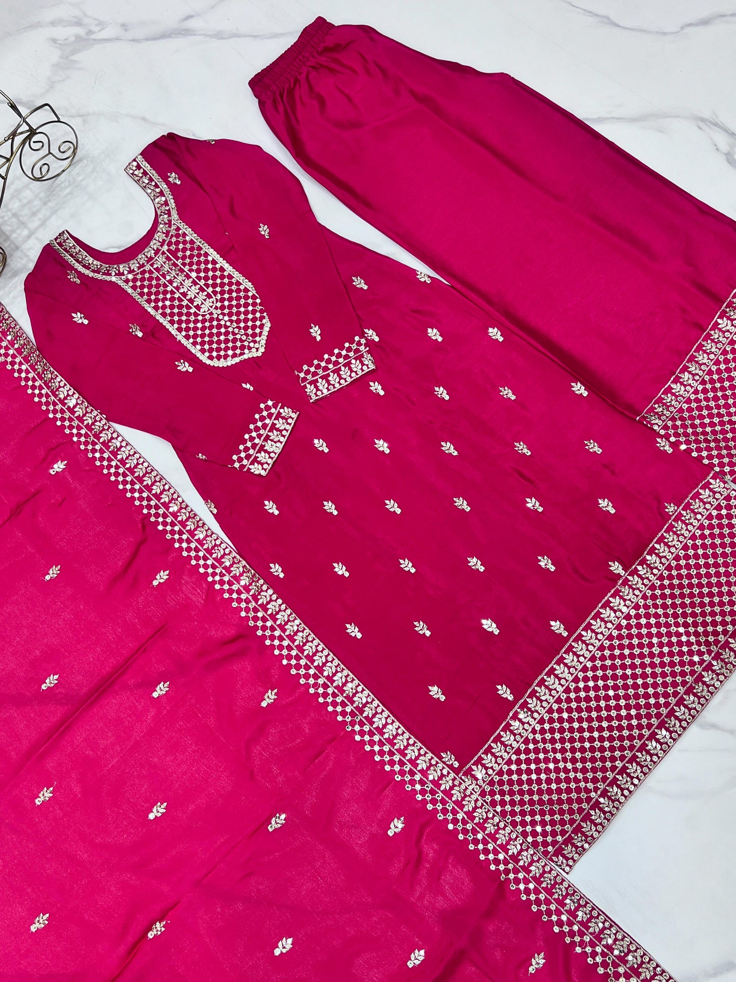 Pink Pure Chinon Silk Embroidery with Sequins 3pc Kurta Set