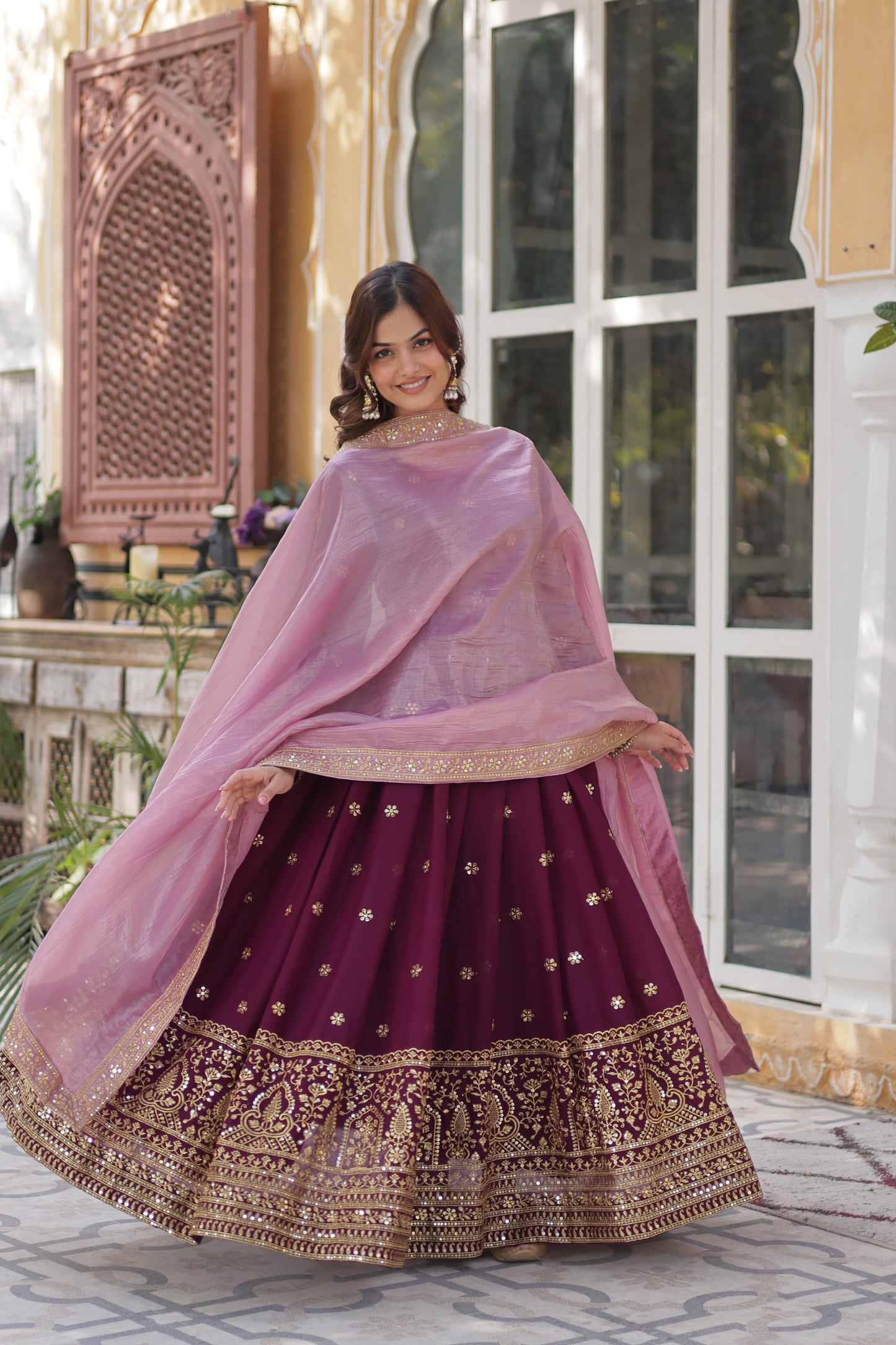 Wine Star Georgette with Embroidery Zari Work Gown With Dupatta