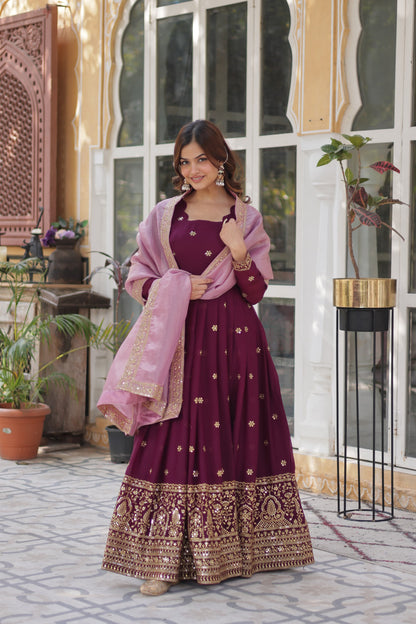 Wine Star Georgette with Embroidery Zari Work Gown With Dupatta