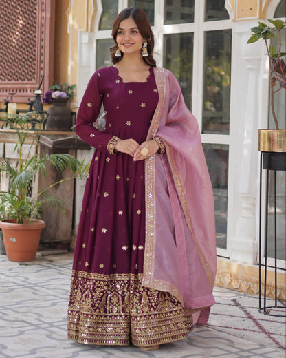 Wine Star Georgette with Embroidery Zari Work Gown With Dupatta