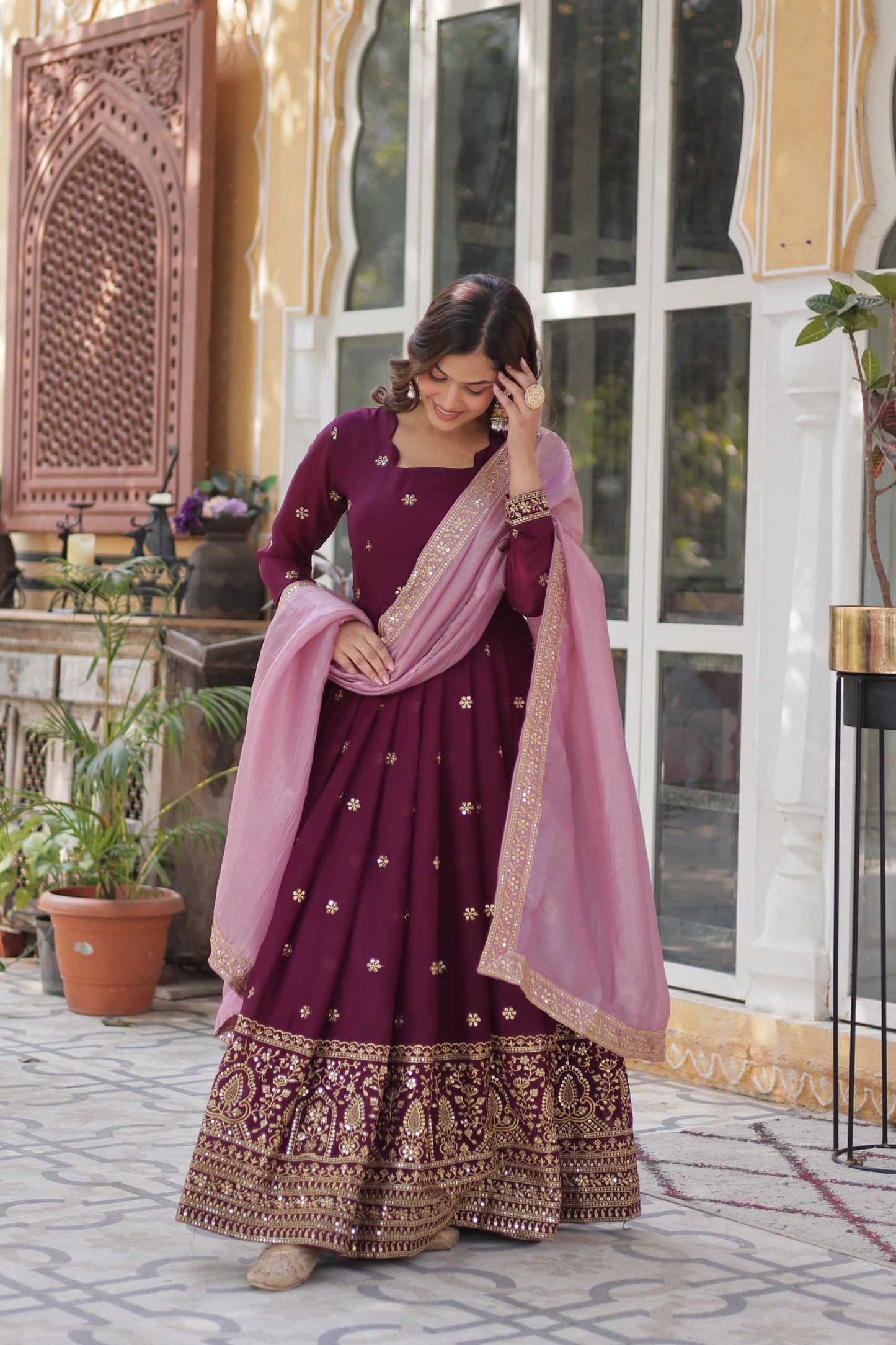 Wine Star Georgette with Embroidery Zari Work Gown With Dupatta