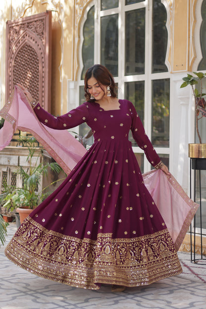 Wine Star Georgette with Embroidery Zari Work Gown With Dupatta
