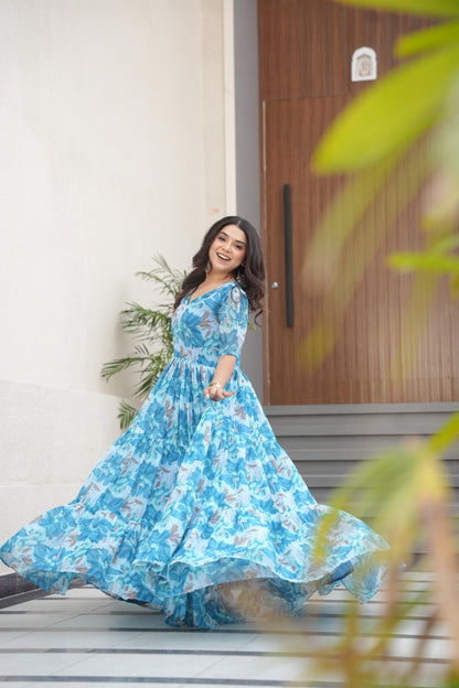 Printed Design Half Sleeves Gown