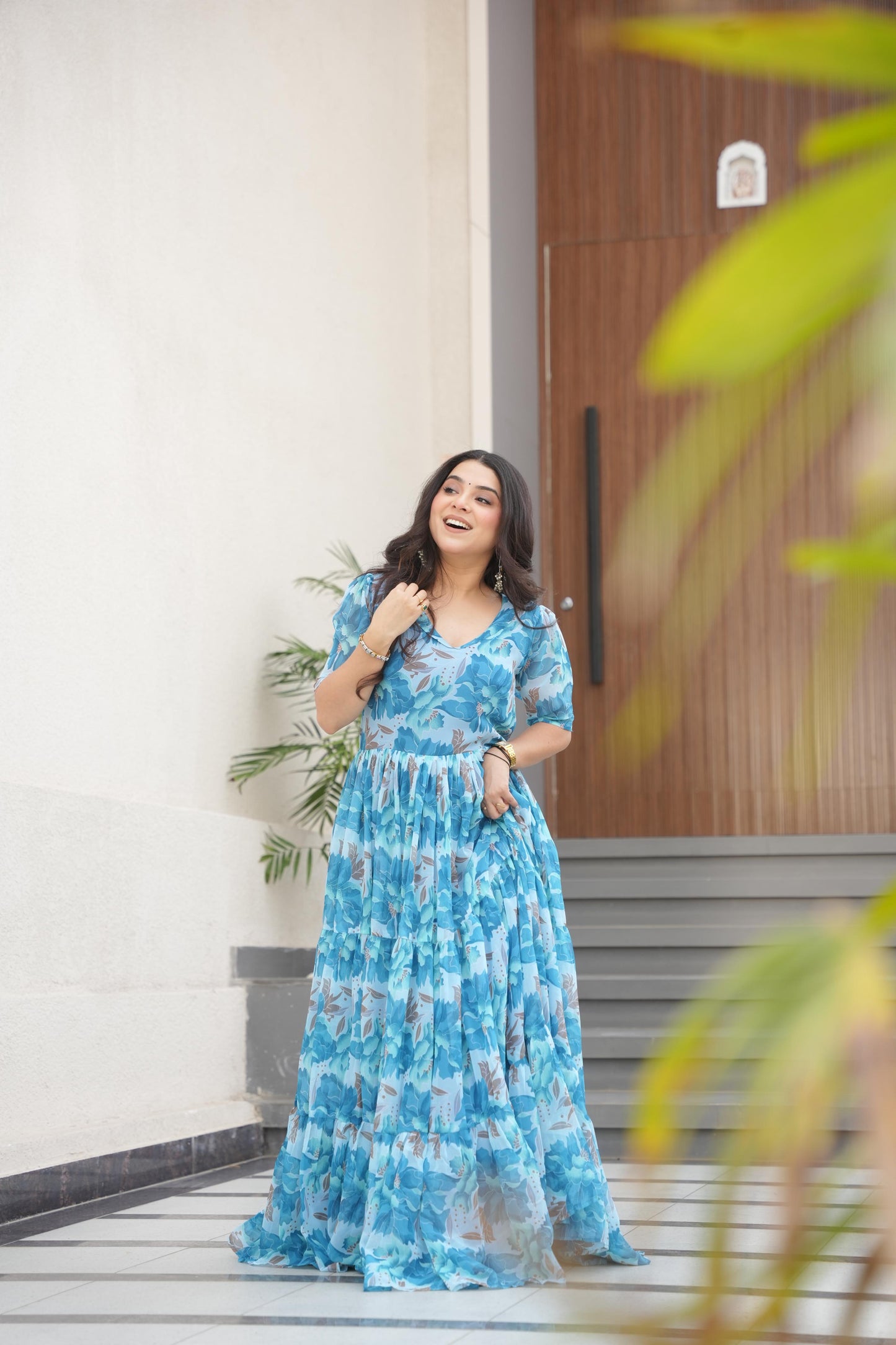Printed Design Half Sleeves Gown
