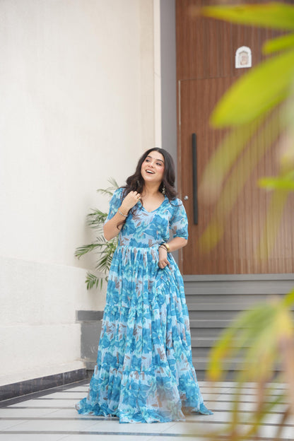 Printed Design Half Sleeves Gown