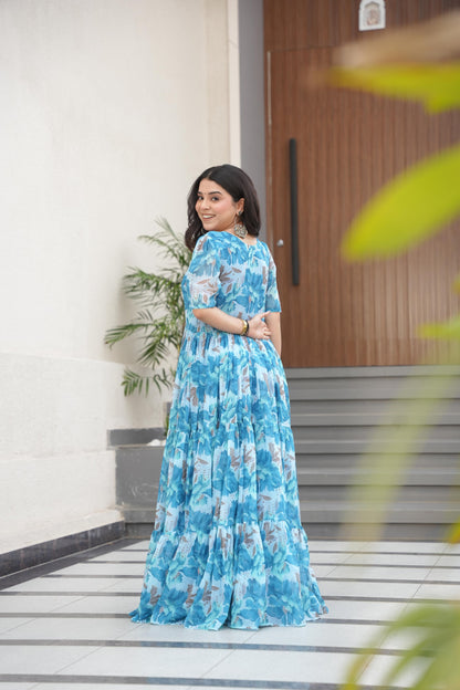 Printed Design Half Sleeves Gown