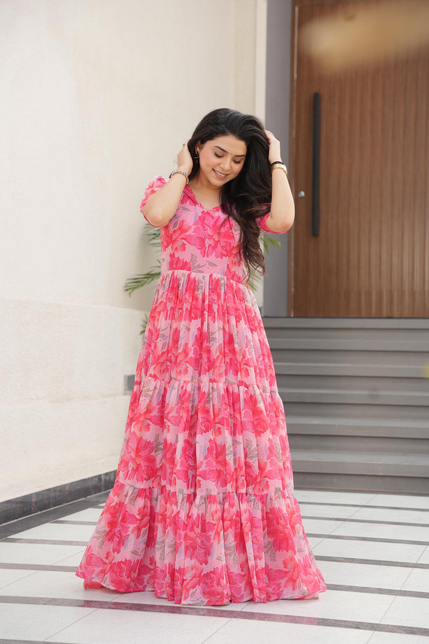Printed Design Half Sleeves Gown