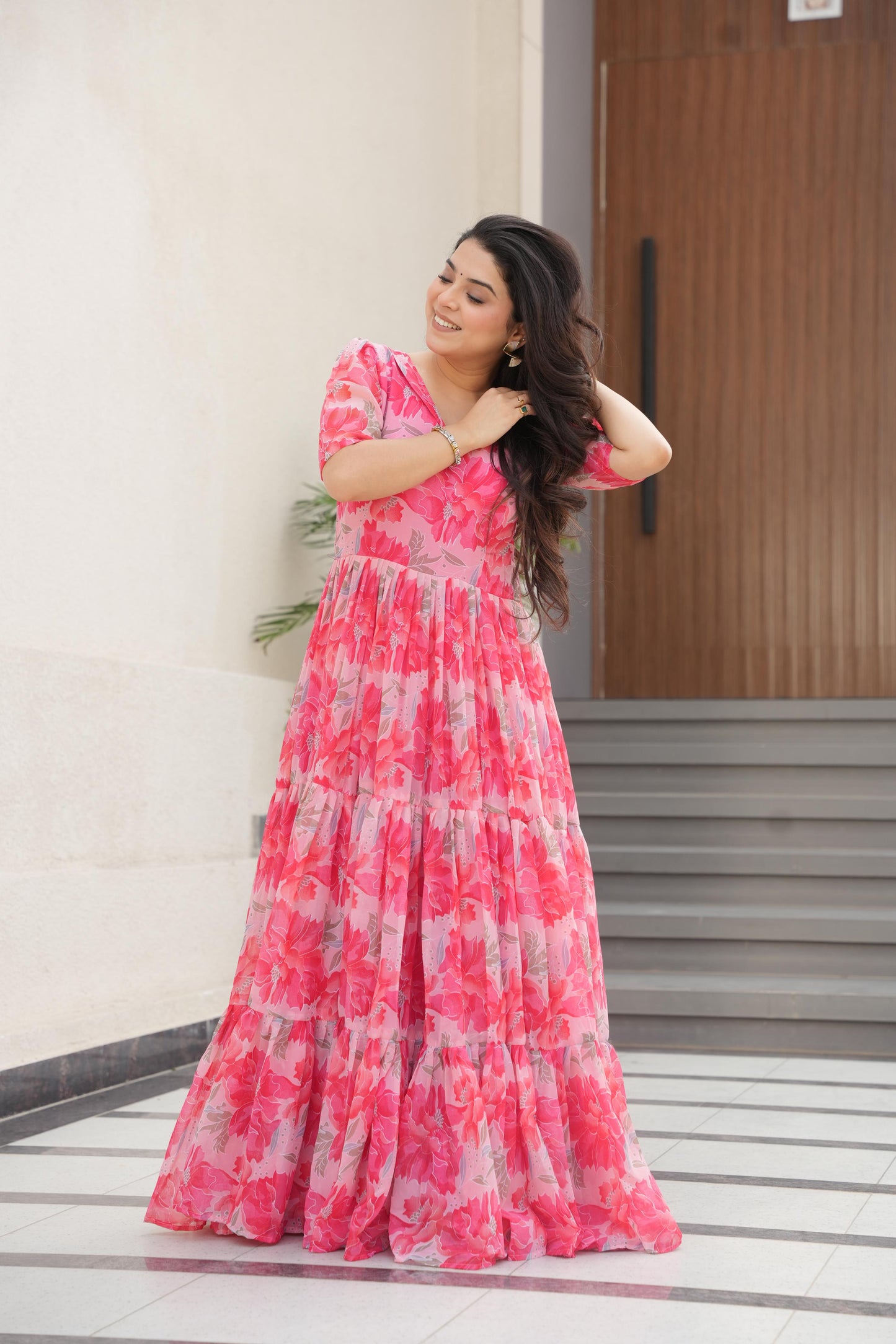 Printed Design Half Sleeves Gown