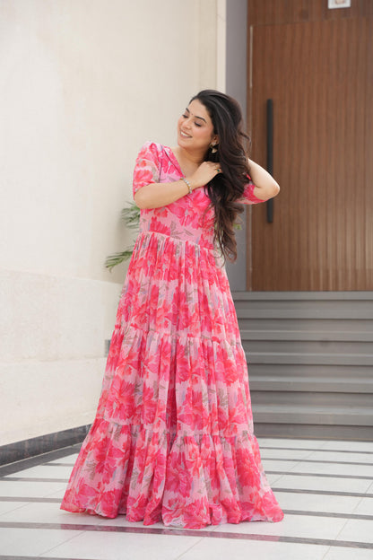 Printed Design Half Sleeves Gown