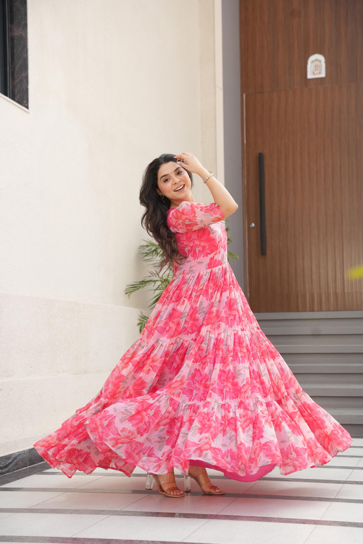 Printed Design Half Sleeves Gown