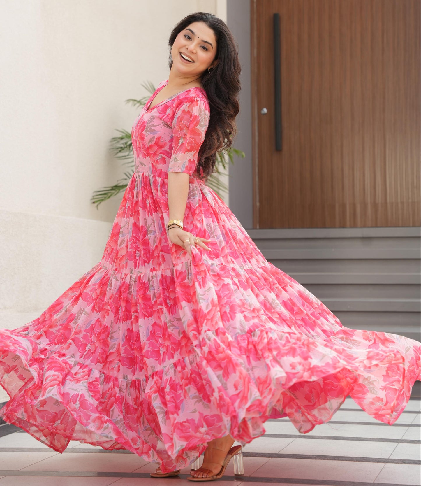 Printed Design Half Sleeves Gown