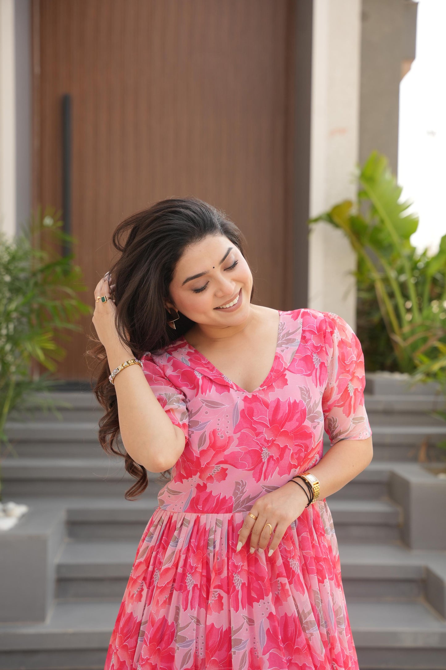 Printed Design Half Sleeves Gown