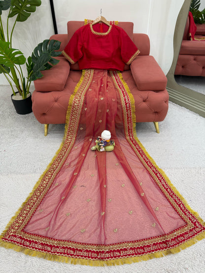 Red Twill Net Sequin Embroidery With Fancy Lace Saree