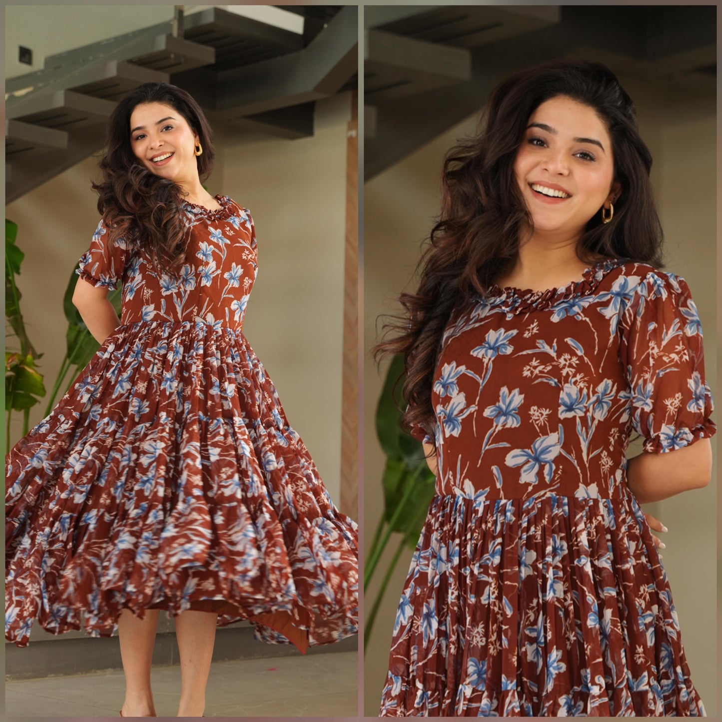 Maroon Faux georgette Printed Gown