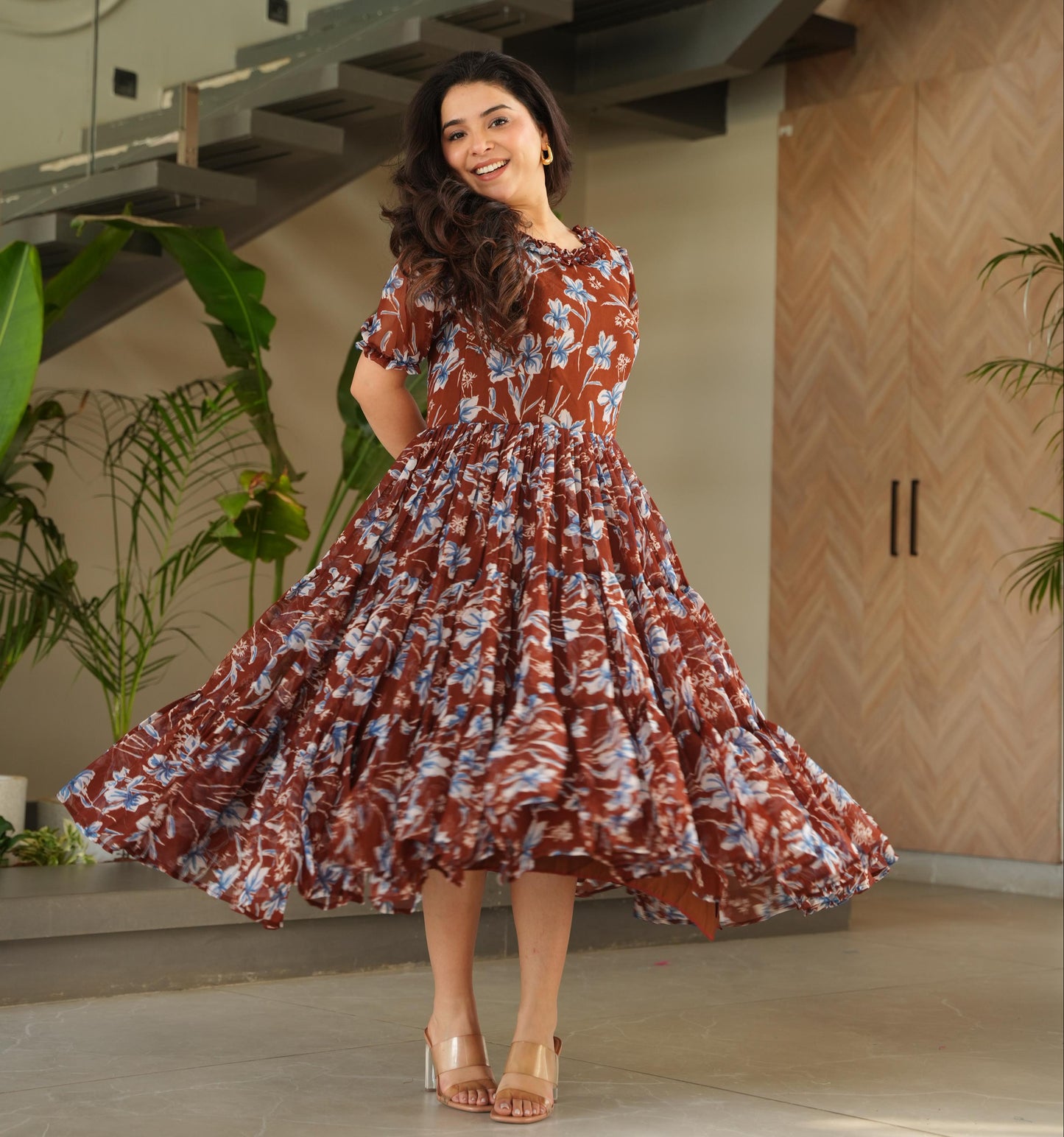 Maroon Faux georgette Printed Gown