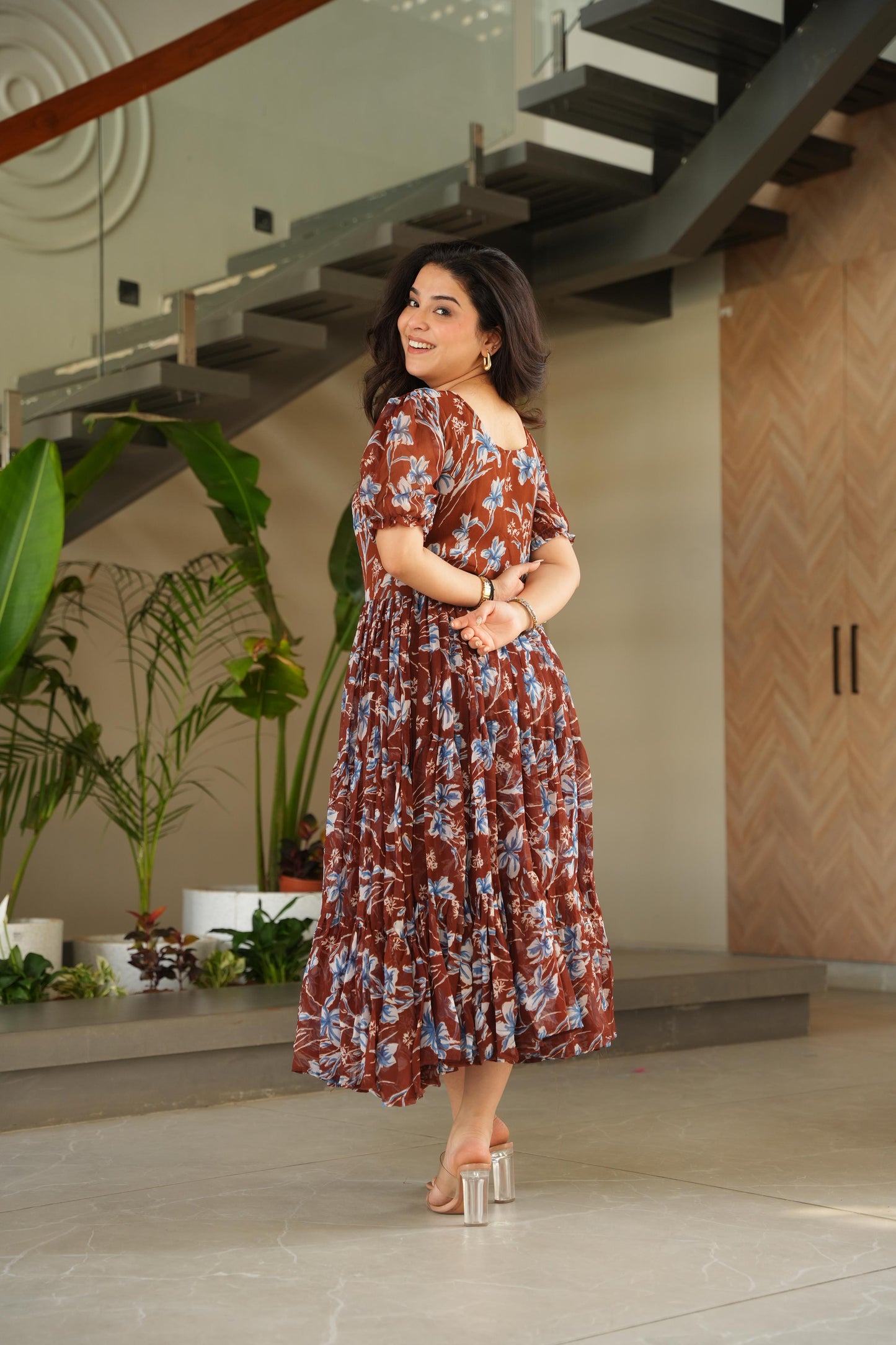 Maroon Faux georgette Printed Gown