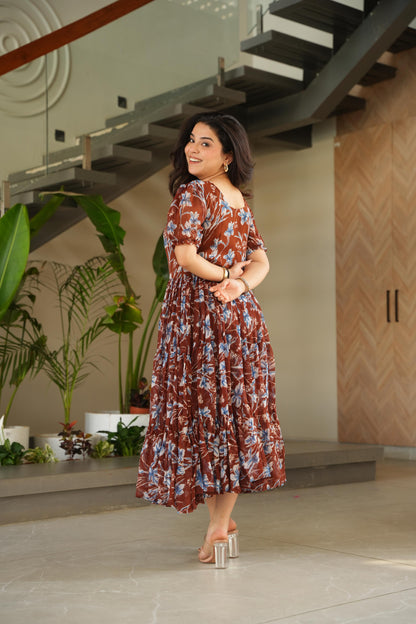 Maroon Faux georgette Printed Gown