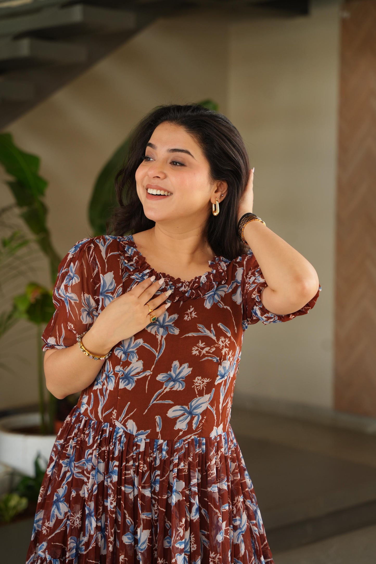 Maroon Faux georgette Printed Gown